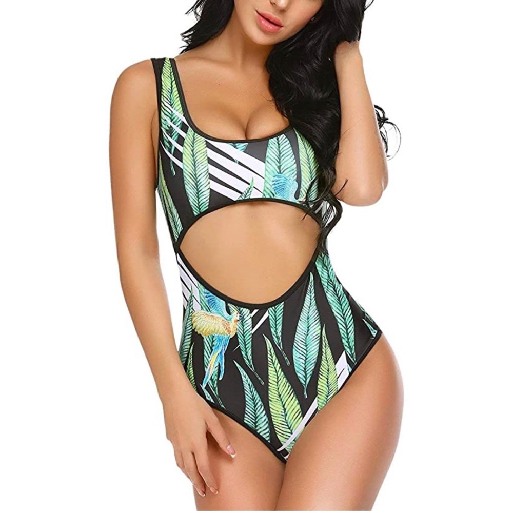 Tropical Palm Print Cut Out Monokini Swimsuit NWT